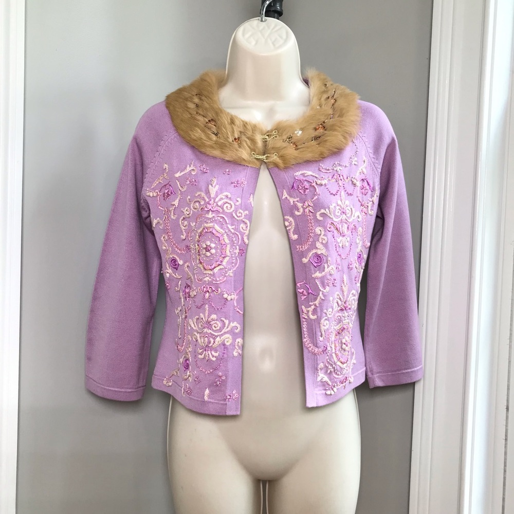 Vintage Michael Simon Lilac Faux Fur Crop Sweater Cardigan ~ Women’s Small